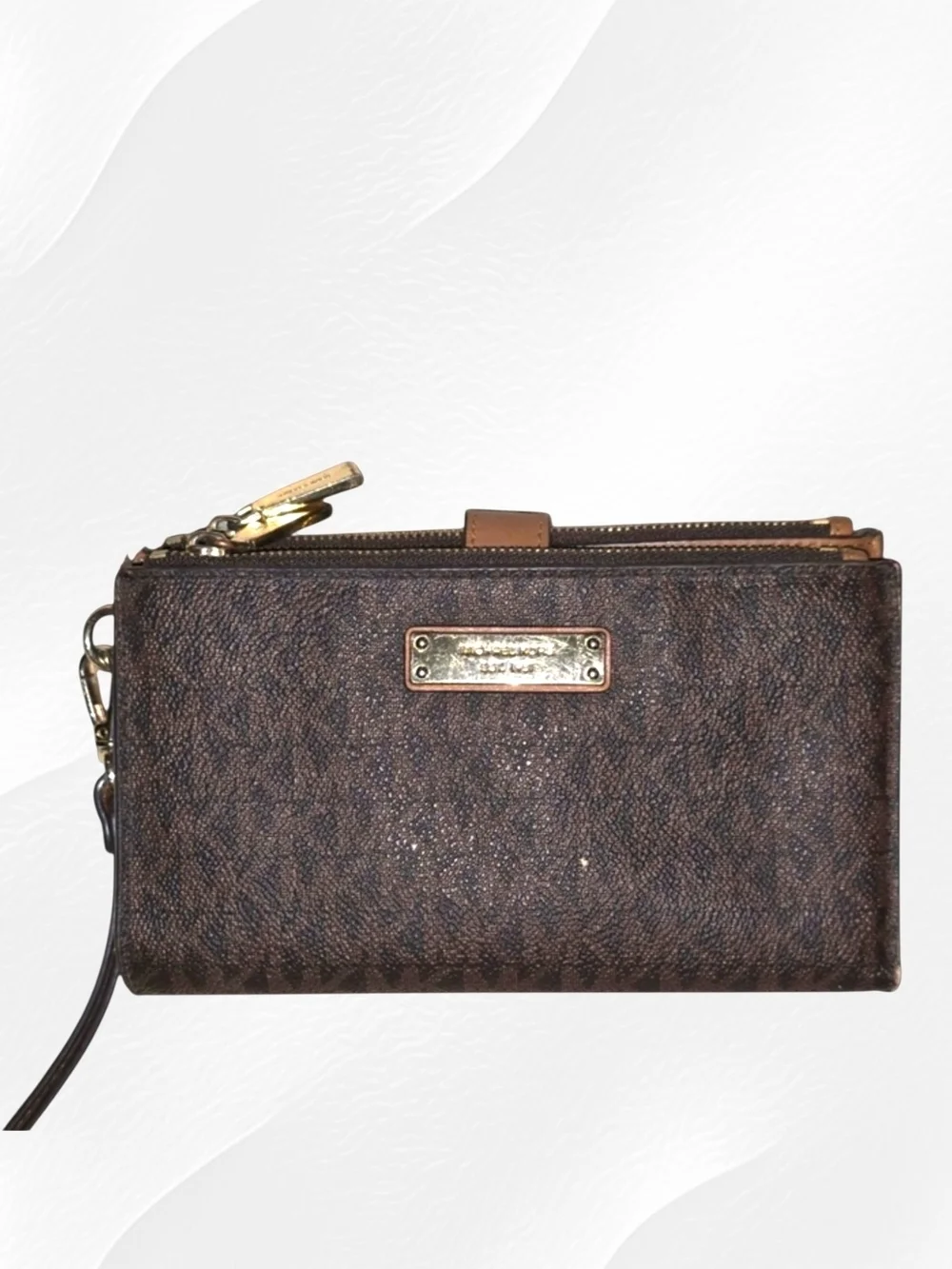 Michael Kors Signature Double Zip Wristlet Wallet Brown MK Monogram Leather